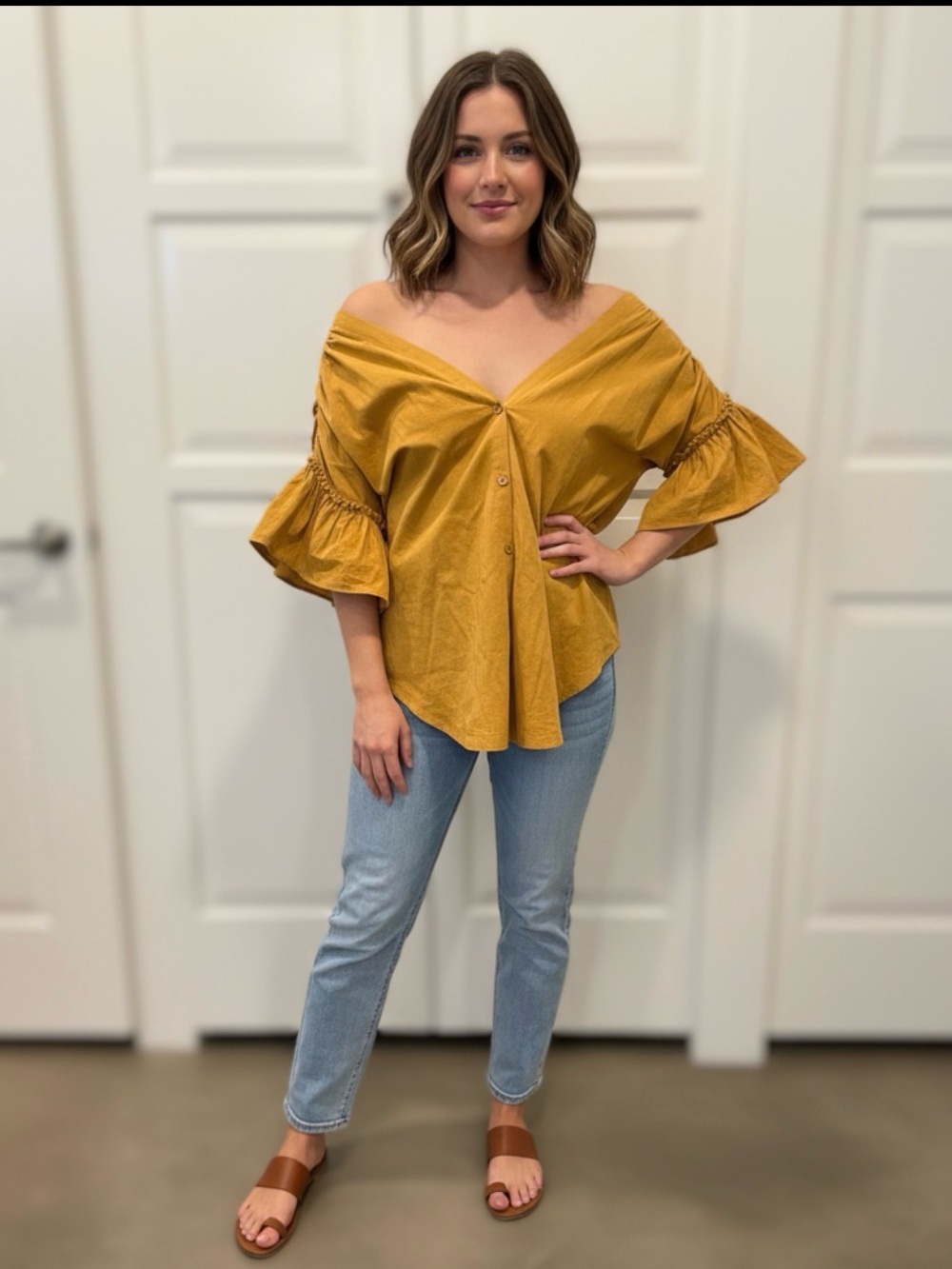Farrow Mustard Off-Shoulder Ruffle Sleeve Button-Front and button back Top